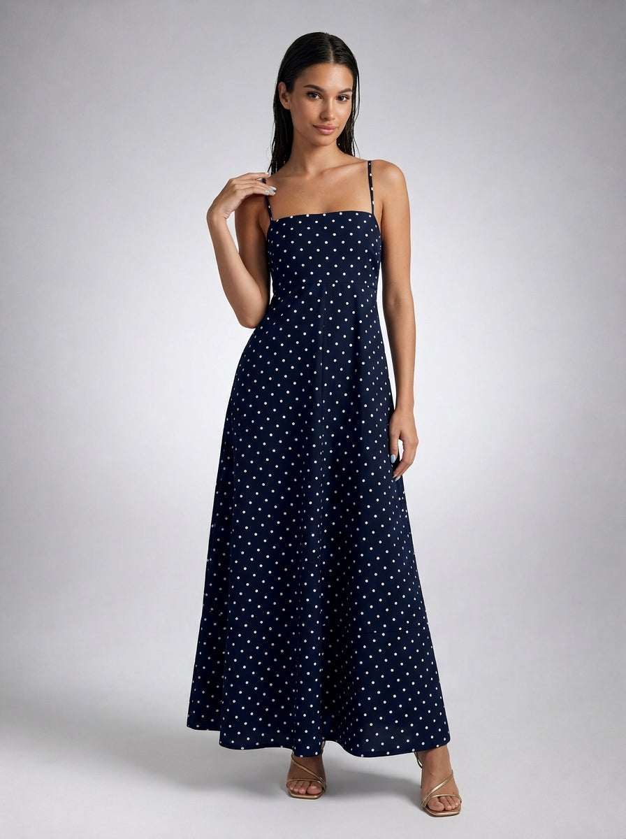 Wren Polka Dot Square Neck Spaghetti Strap Maxi Dress in Navy