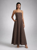 Wren Polka Dot Square Neck Spaghetti Strap Maxi Dress in Brown