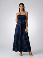 Wren Polka Dot Square Neck Spaghetti Strap Maxi Dress in Navy