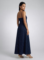 Wren Polka Dot Square Neck Spaghetti Strap Maxi Dress in Navy