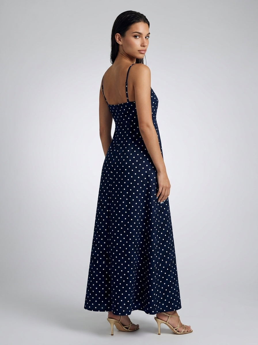Wren Polka Dot Square Neck Spaghetti Strap Maxi Dress in Navy
