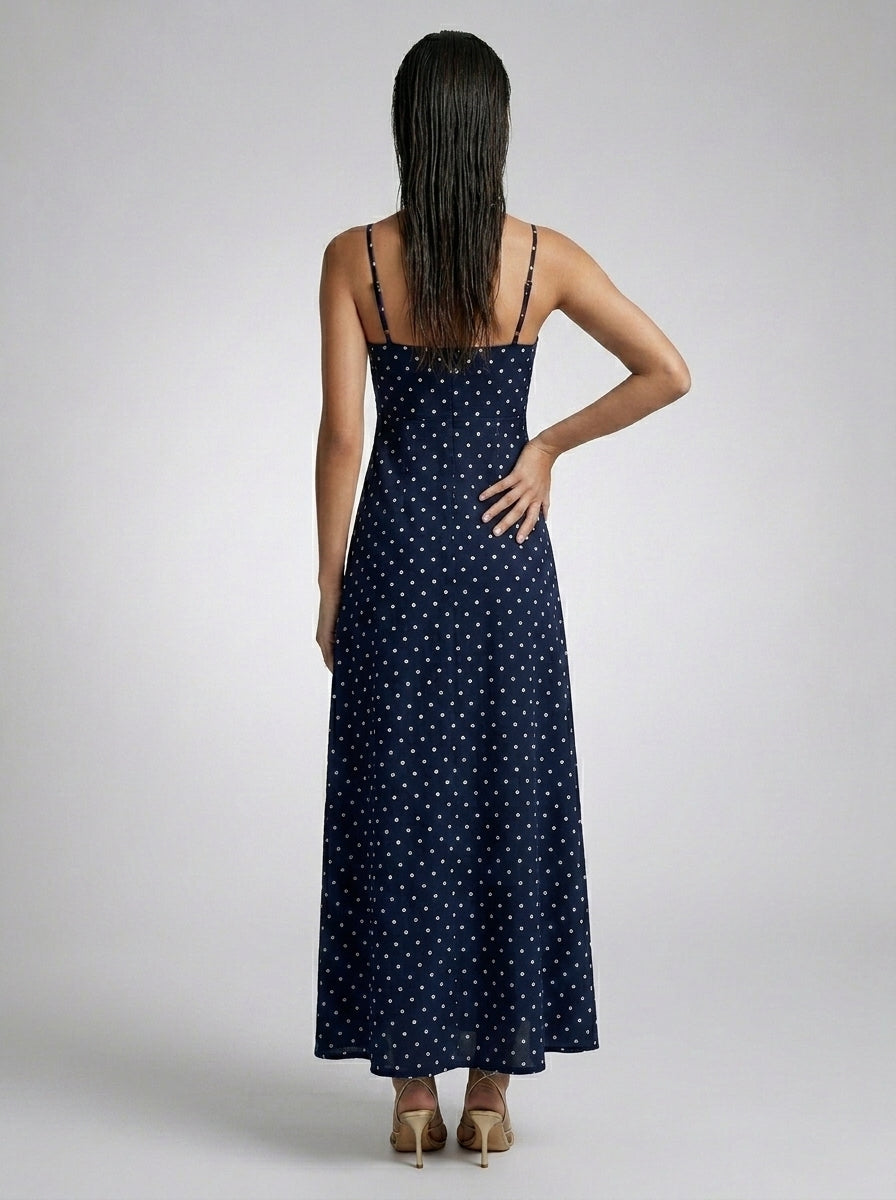 Wren Polka Dot Square Neck Spaghetti Strap Maxi Dress in Navy