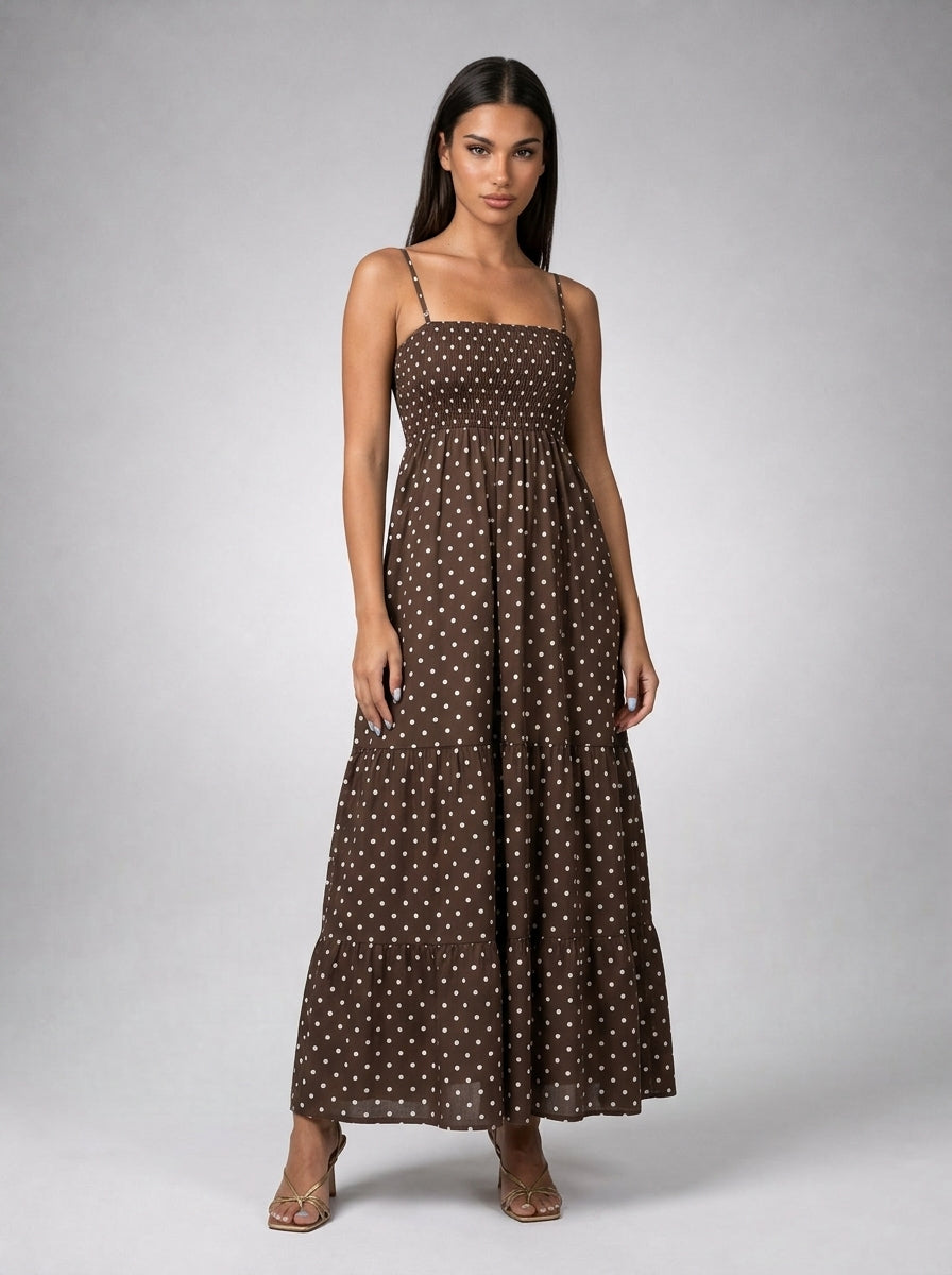 Wren Polka Dot Square Neck Spaghetti Strap Maxi Dress in Brown