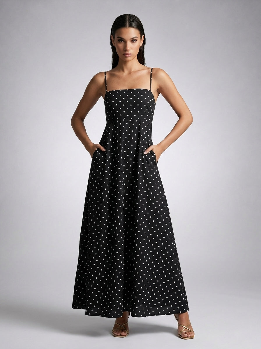 Wren Polka Dot Square Neck Spaghetti Strap Maxi Dress in Black