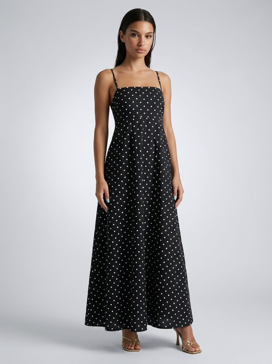 Wren Polka Dot Square Neck Spaghetti Strap Maxi Dress in Black