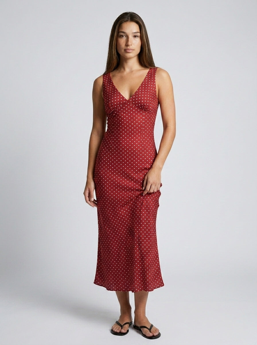 Marguerite Polka Dot V Neck Wrap Maxi Dress in Burgundy