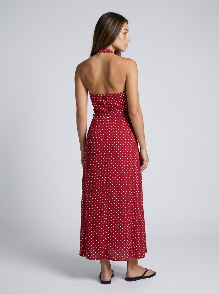 Marguerite Polka Dot V Neck Wrap Maxi Dress in Burgundy