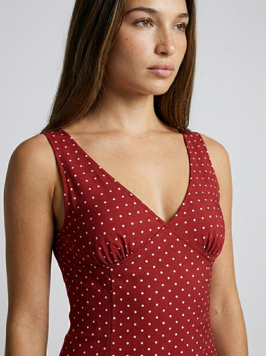 Marguerite Polka Dot V Neck Wrap Maxi Dress in Burgundy