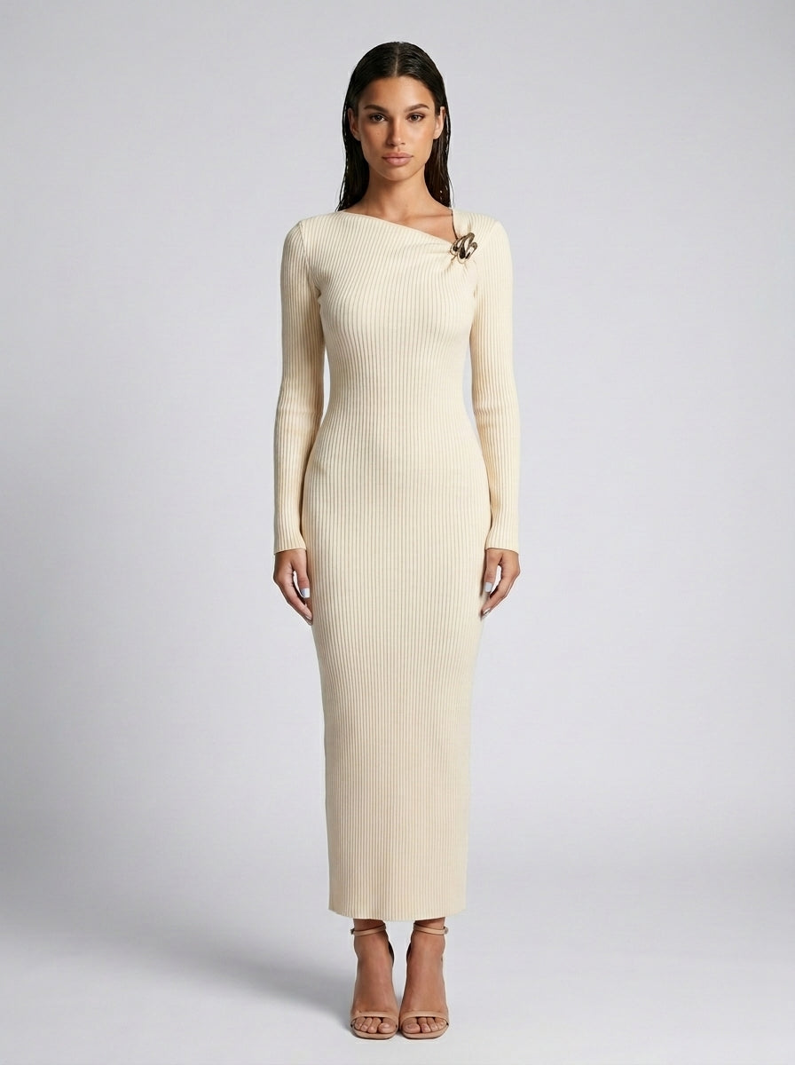 Colombe Ribbed Asymmetric Neck Long Sleeve Maxi Dress in Cream