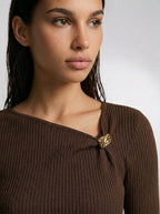 Colombe Ribbed Asymmetric Neck Long Sleeve Maxi Dress in Brown