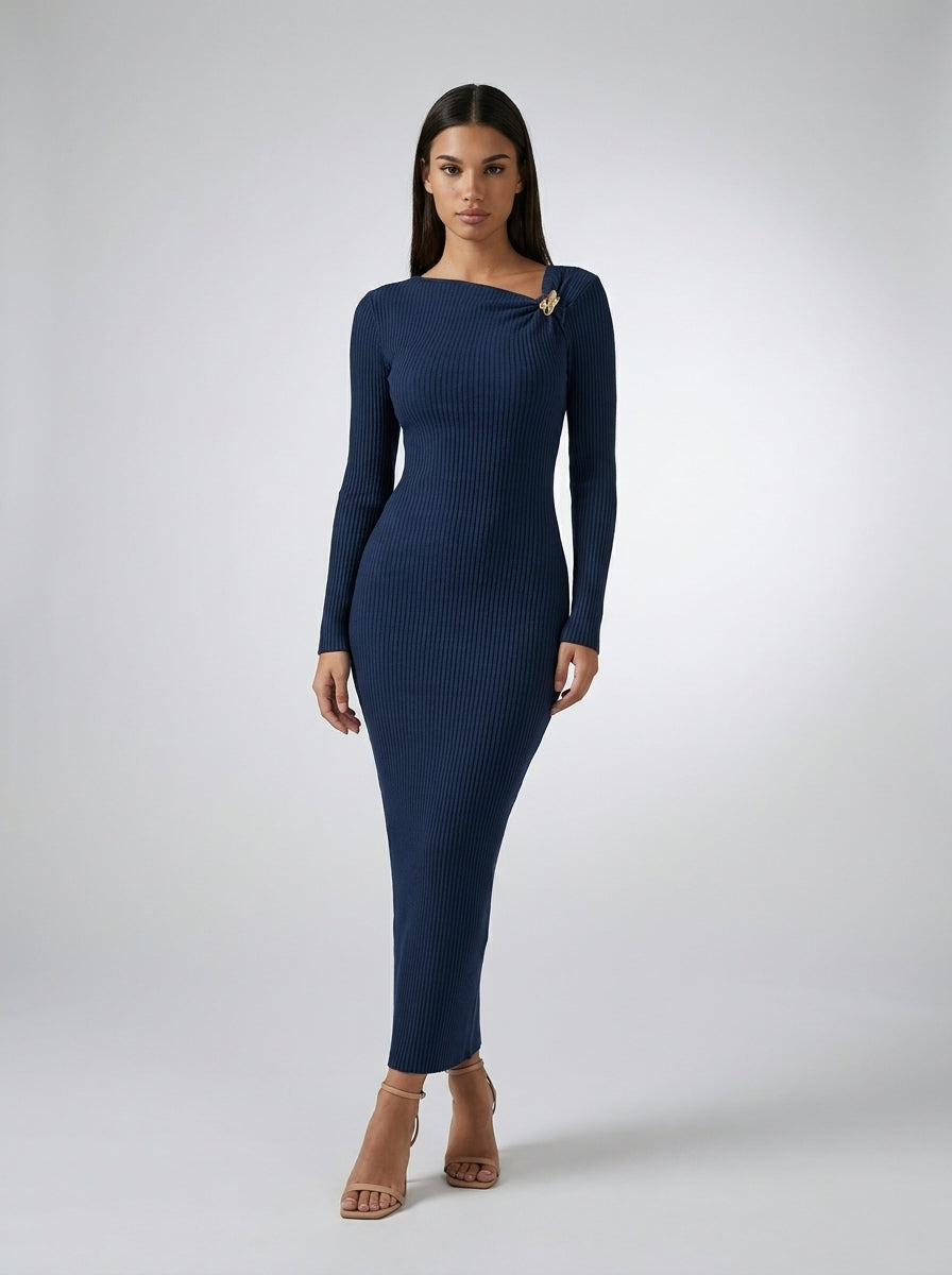 Colombe Ribbed Asymmetric Neck Long Sleeve Maxi Dress in Navy