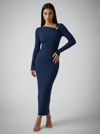 Colombe Ribbed Asymmetric Neck Long Sleeve Maxi Dress in Navy