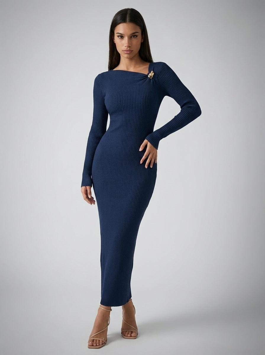 Colombe Ribbed Asymmetric Neck Long Sleeve Maxi Dress in Navy