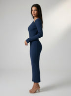 Colombe Ribbed Asymmetric Neck Long Sleeve Maxi Dress in Navy