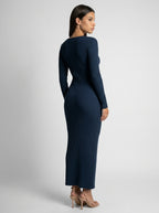 Colombe Ribbed Asymmetric Neck Long Sleeve Maxi Dress in Navy