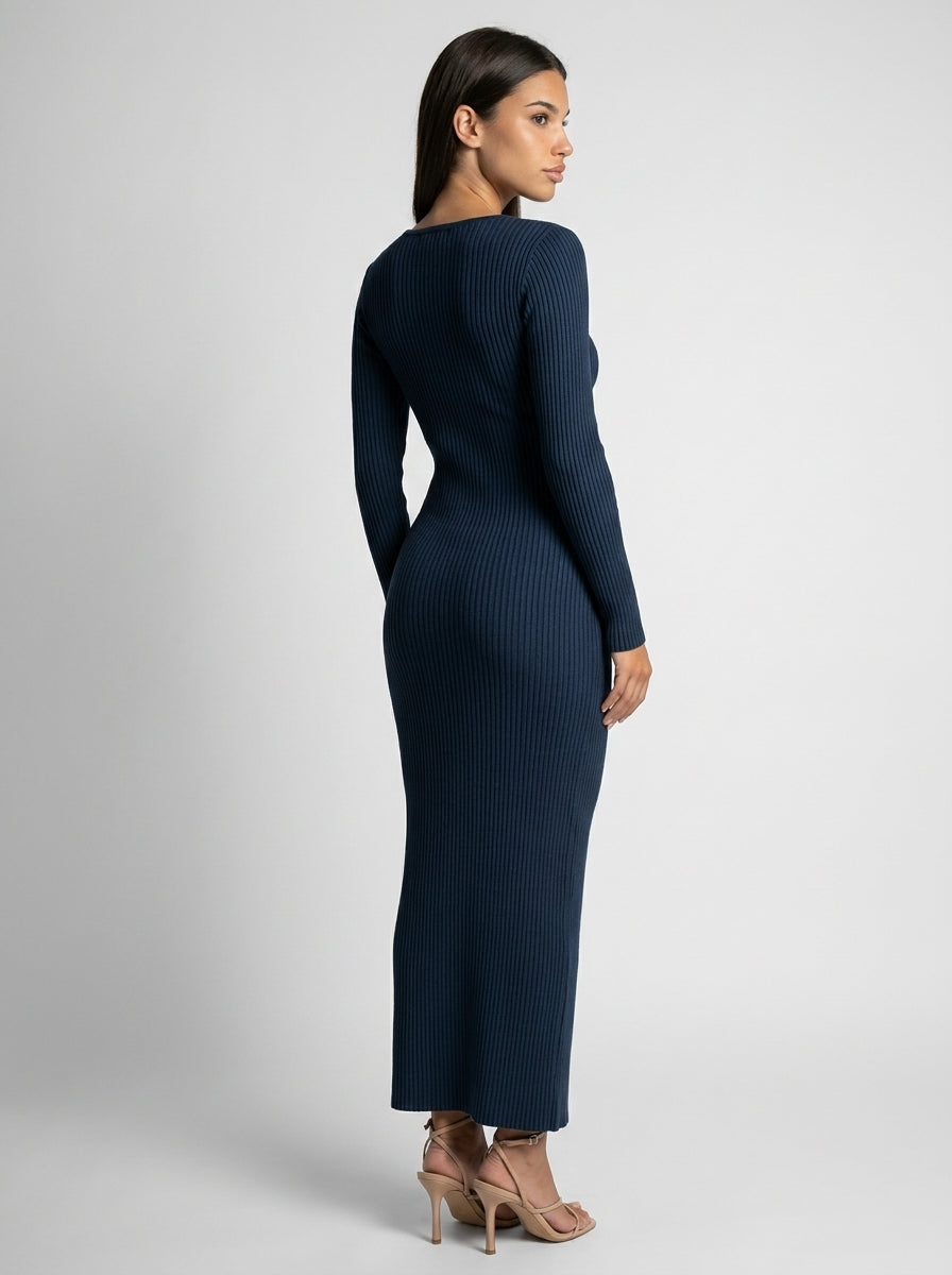 Colombe Ribbed Asymmetric Neck Long Sleeve Maxi Dress in Navy
