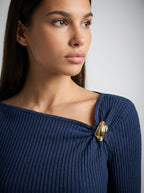 Colombe Ribbed Asymmetric Neck Long Sleeve Maxi Dress in Navy