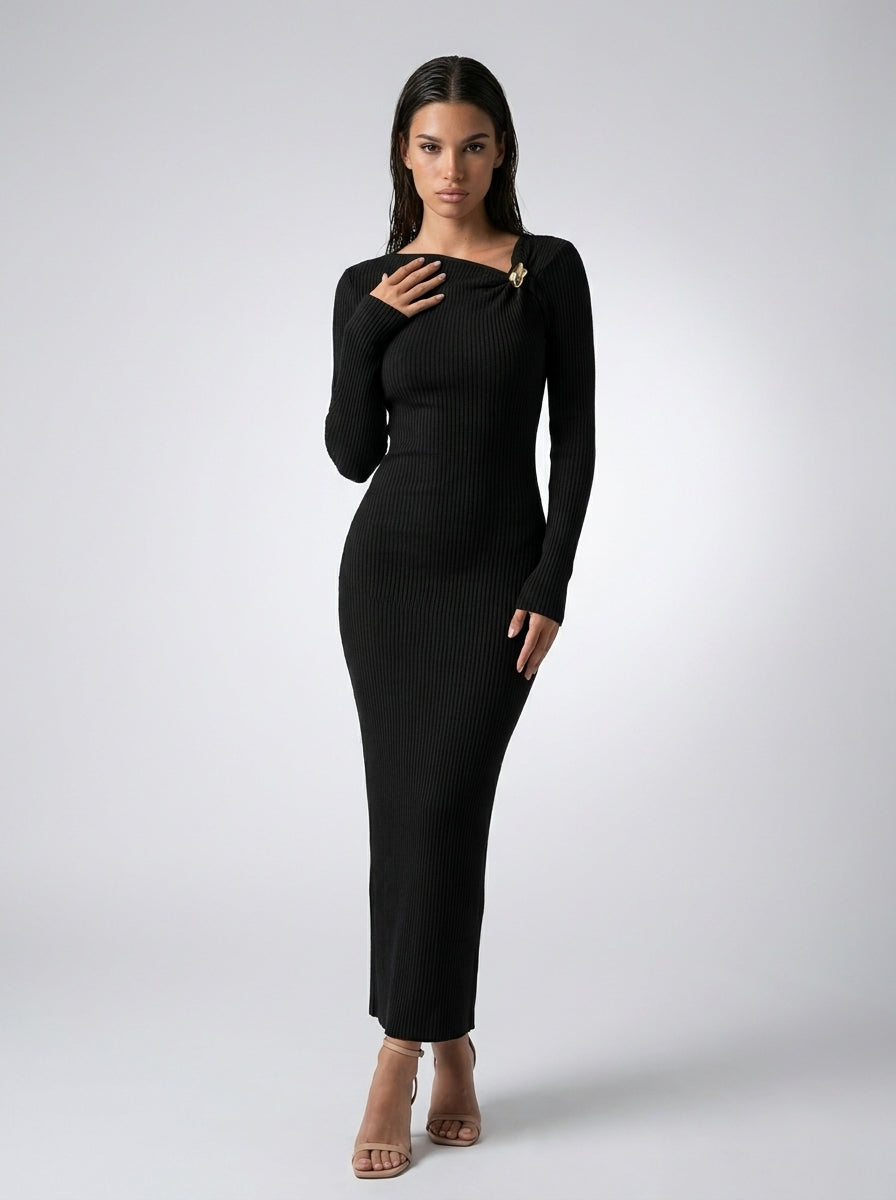 Colombe Ribbed Asymmetric Neck Long Sleeve Maxi Dress in Black