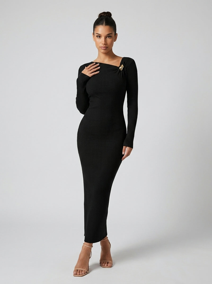 Colombe Ribbed Asymmetric Neck Long Sleeve Maxi Dress in Black