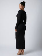 Colombe Ribbed Asymmetric Neck Long Sleeve Maxi Dress in Black