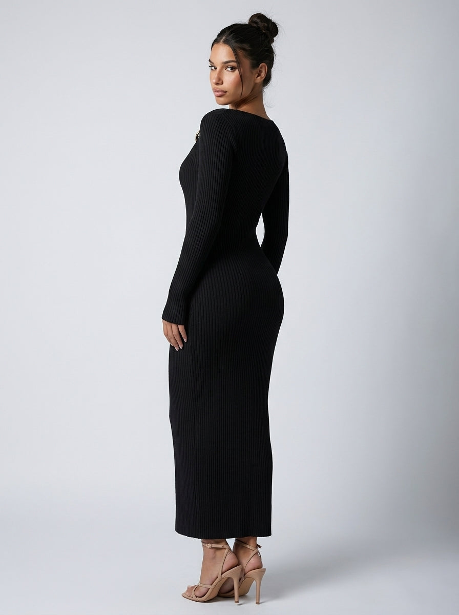 Colombe Ribbed Asymmetric Neck Long Sleeve Maxi Dress in Black