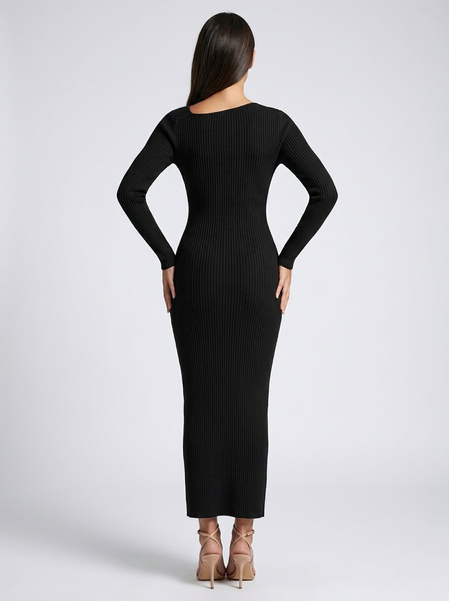 Colombe Ribbed Asymmetric Neck Long Sleeve Maxi Dress in Black