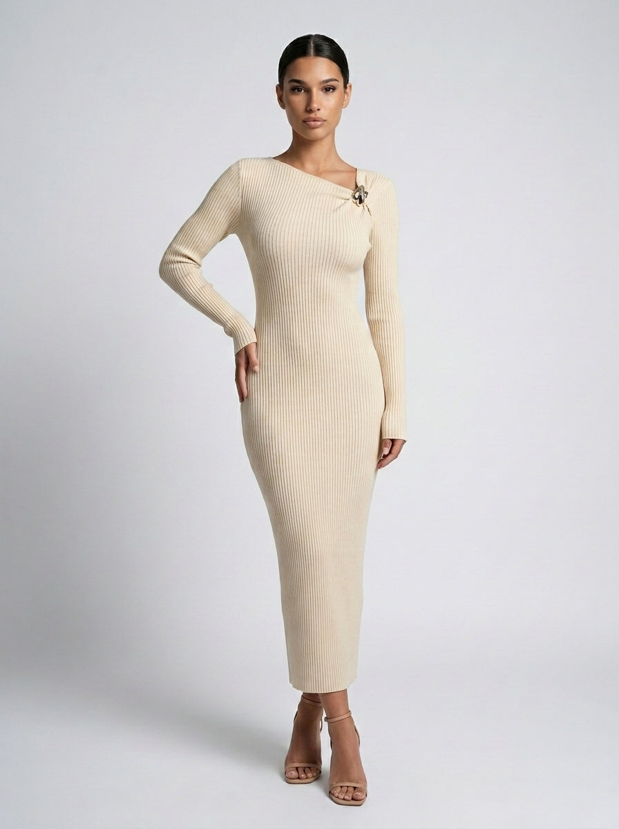 Colombe Ribbed Asymmetric Neck Long Sleeve Maxi Dress in Cream