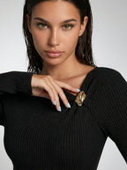 Colombe Ribbed Asymmetric Neck Long Sleeve Maxi Dress in Black
