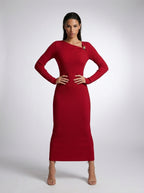 Colombe Ribbed Asymmetric Neck Long Sleeve Maxi Dress in Red