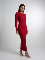 Colombe Ribbed Asymmetric Neck Long Sleeve Maxi Dress in Red