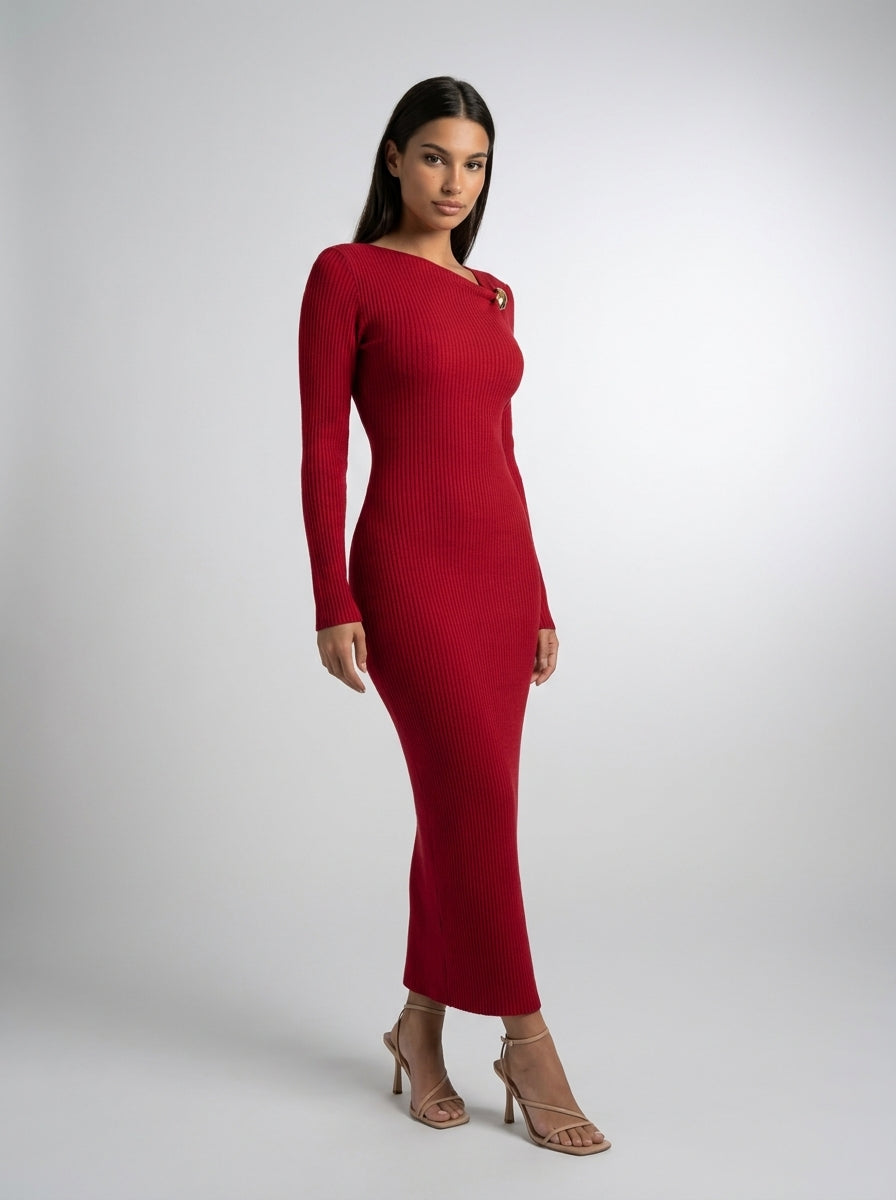 Colombe Ribbed Asymmetric Neck Long Sleeve Maxi Dress in Red
