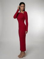 Colombe Ribbed Asymmetric Neck Long Sleeve Maxi Dress in Red