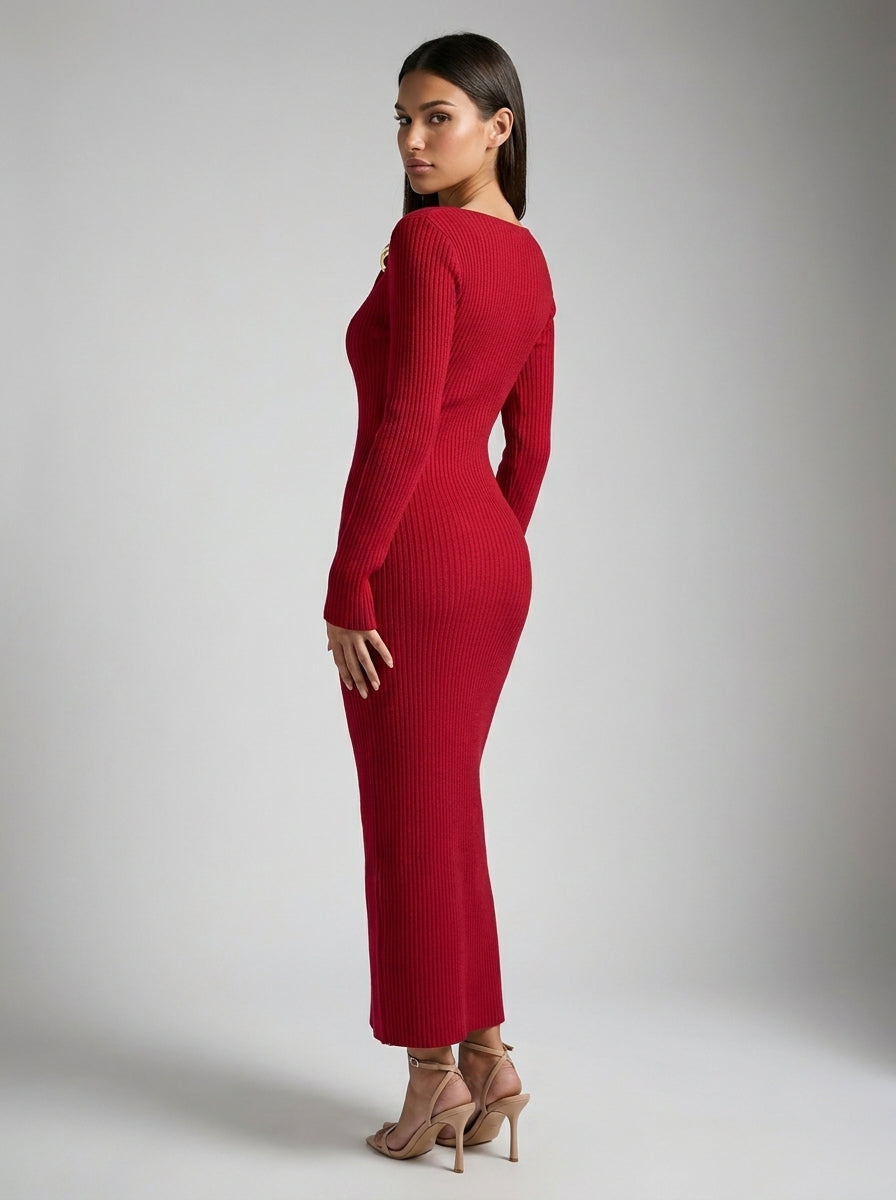 Colombe Ribbed Asymmetric Neck Long Sleeve Maxi Dress in Red