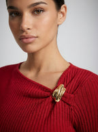 Colombe Ribbed Asymmetric Neck Long Sleeve Maxi Dress in Red