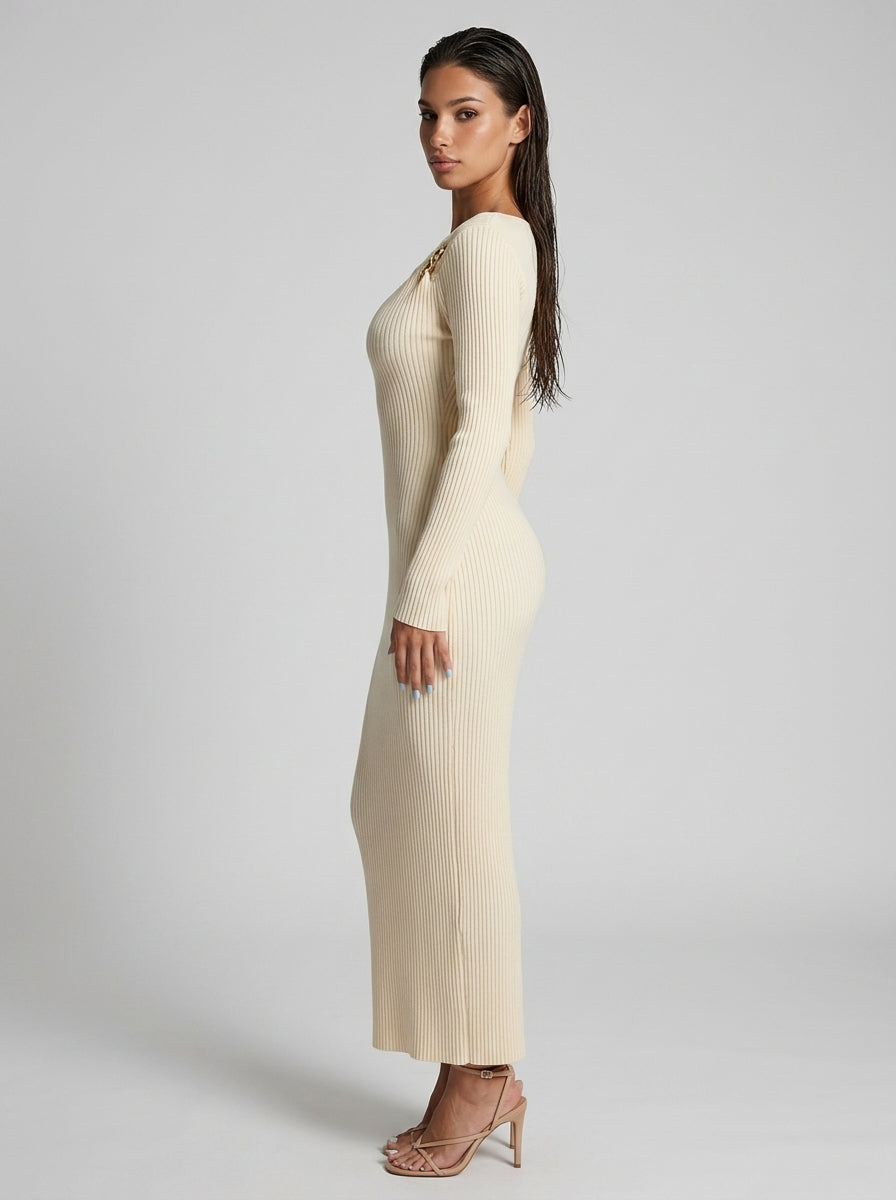 Colombe Ribbed Asymmetric Neck Long Sleeve Maxi Dress in Cream