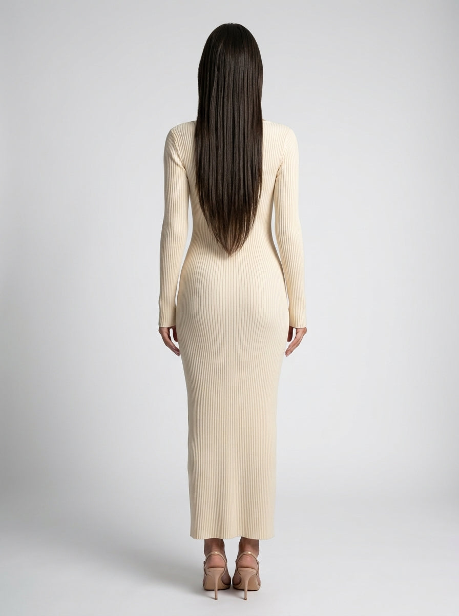 Colombe Ribbed Asymmetric Neck Long Sleeve Maxi Dress in Cream