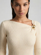 Colombe Ribbed Asymmetric Neck Long Sleeve Maxi Dress in Cream