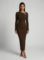 Colombe Ribbed Asymmetric Neck Long Sleeve Maxi Dress in Brown