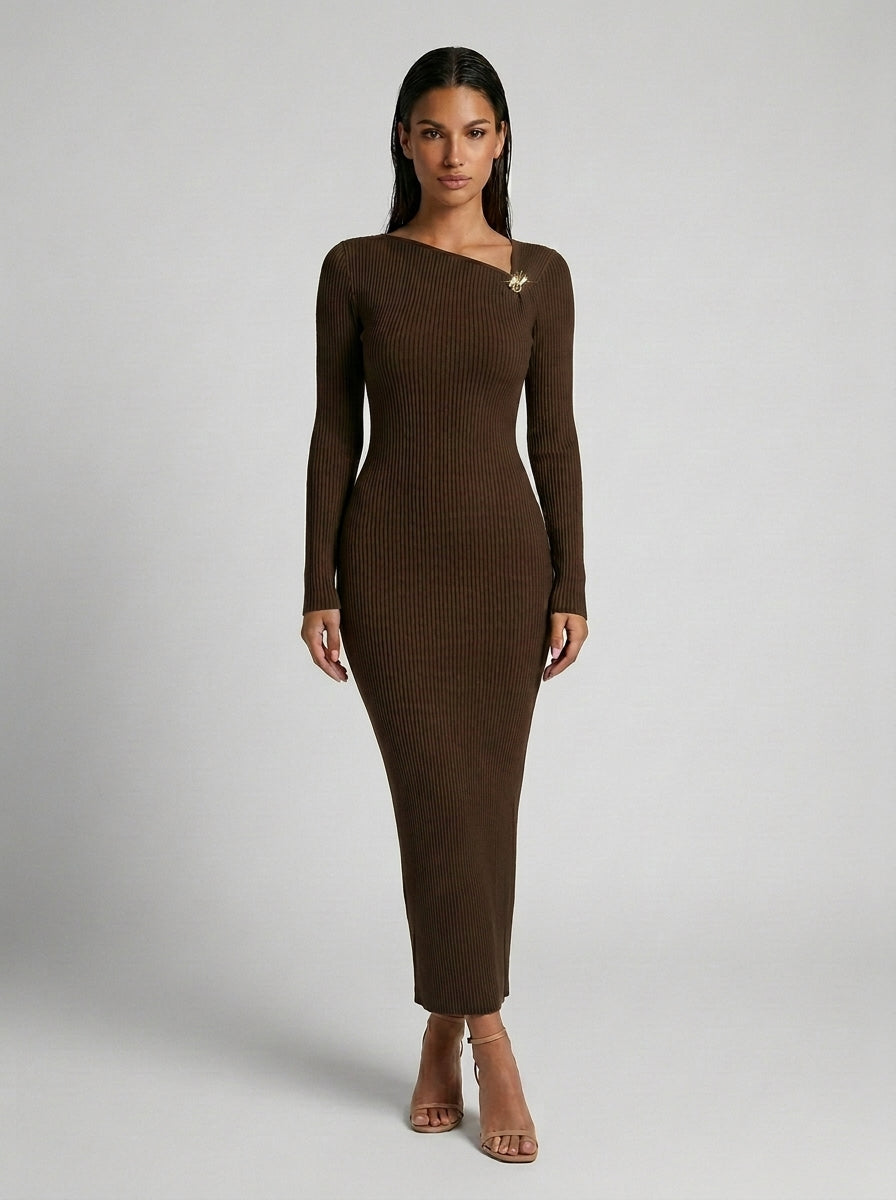 Colombe Ribbed Asymmetric Neck Long Sleeve Maxi Dress in Brown
