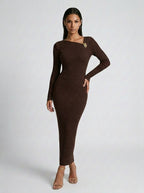 Colombe Ribbed Asymmetric Neck Long Sleeve Maxi Dress in Brown