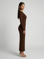 Colombe Ribbed Asymmetric Neck Long Sleeve Maxi Dress in Brown