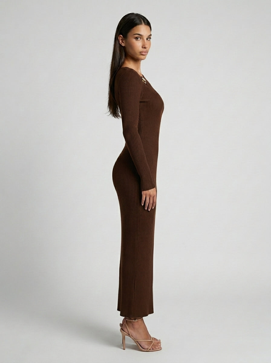 Colombe Ribbed Asymmetric Neck Long Sleeve Maxi Dress in Brown
