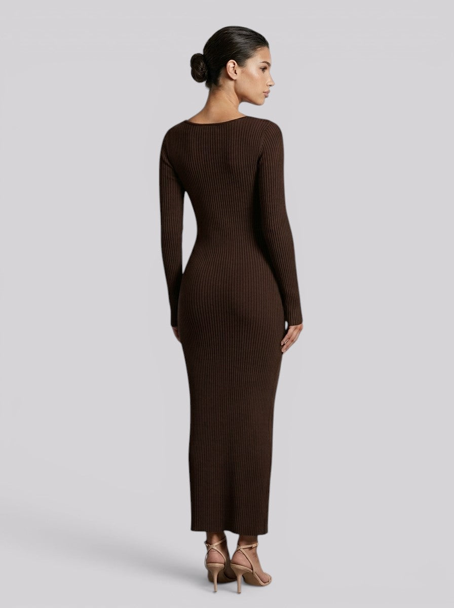 Colombe Ribbed Asymmetric Neck Long Sleeve Maxi Dress in Brown