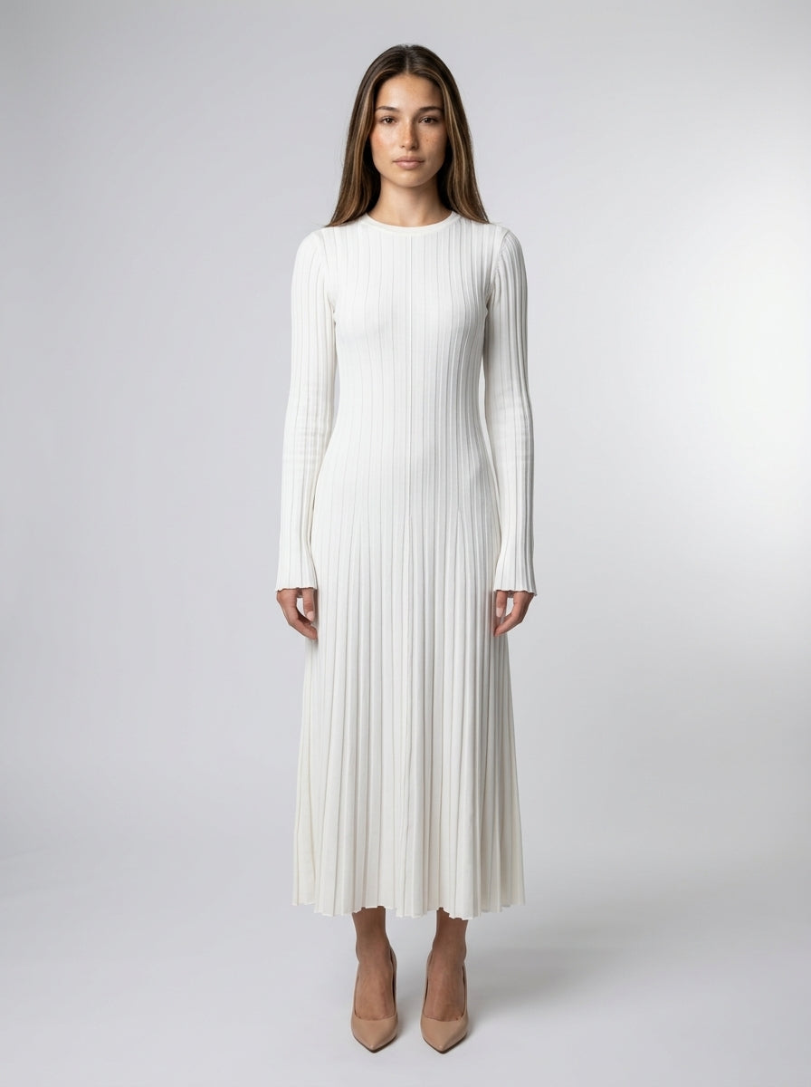 Thea Ribbed Round Neck Long Sleeve Maxi Dress in Cream