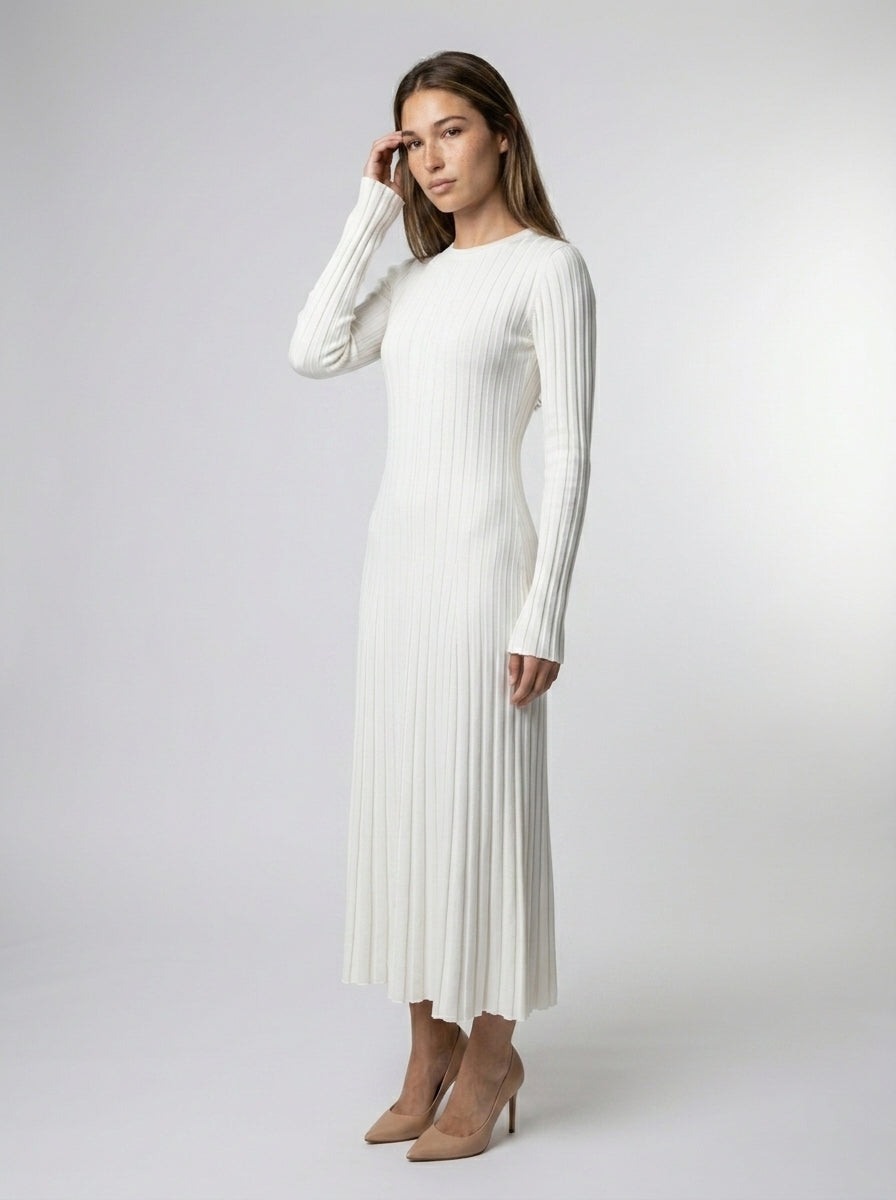 Thea Ribbed Round Neck Long Sleeve Maxi Dress in Cream