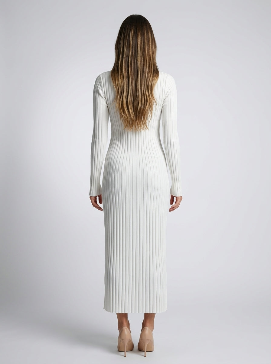 Thea Ribbed Round Neck Long Sleeve Maxi Dress in Cream