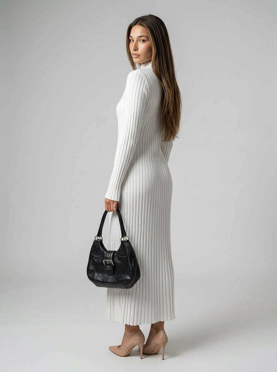 Thea Ribbed Round Neck Long Sleeve Maxi Dress in Cream