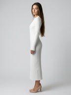 Thea Ribbed Round Neck Long Sleeve Maxi Dress in Cream