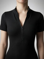 Verena Ribbed Zip Front Short Sleeve Playsuit in Black