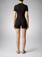 Verena Ribbed Zip Front Short Sleeve Playsuit in Black
